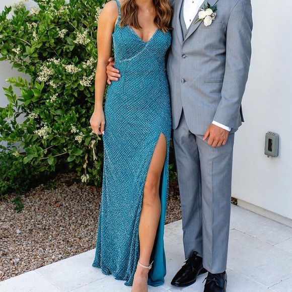 Stunning Teal/Aqua Max Duggal Beaded Gown - Picture 3 of 5